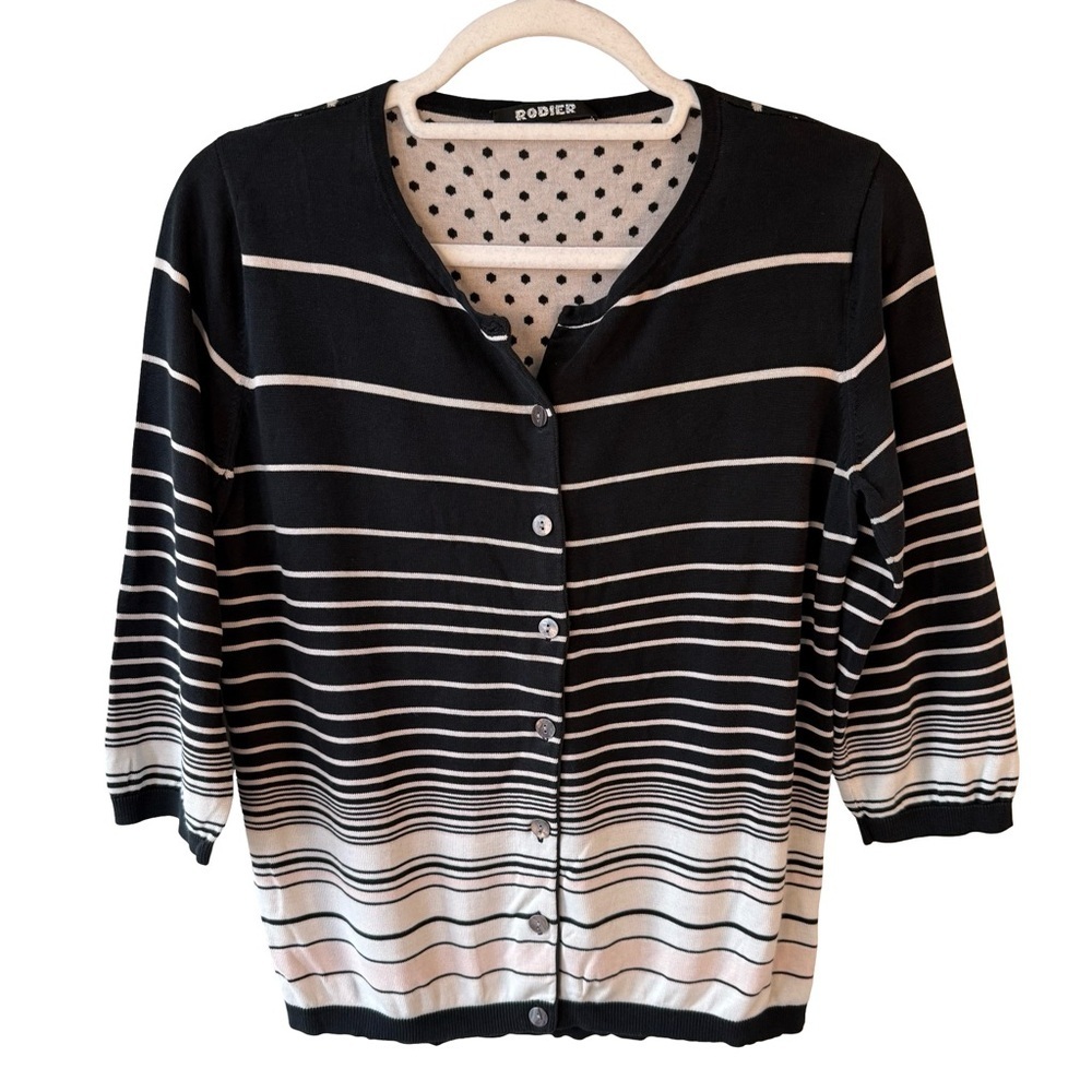 Rodier Black and White Polka Dot Striped Top Size M French Silk Blend Classic